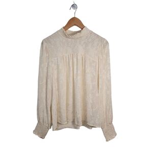 Knox Rose blouse women's Medium long sleeve smocked ivory floral jacquard Top